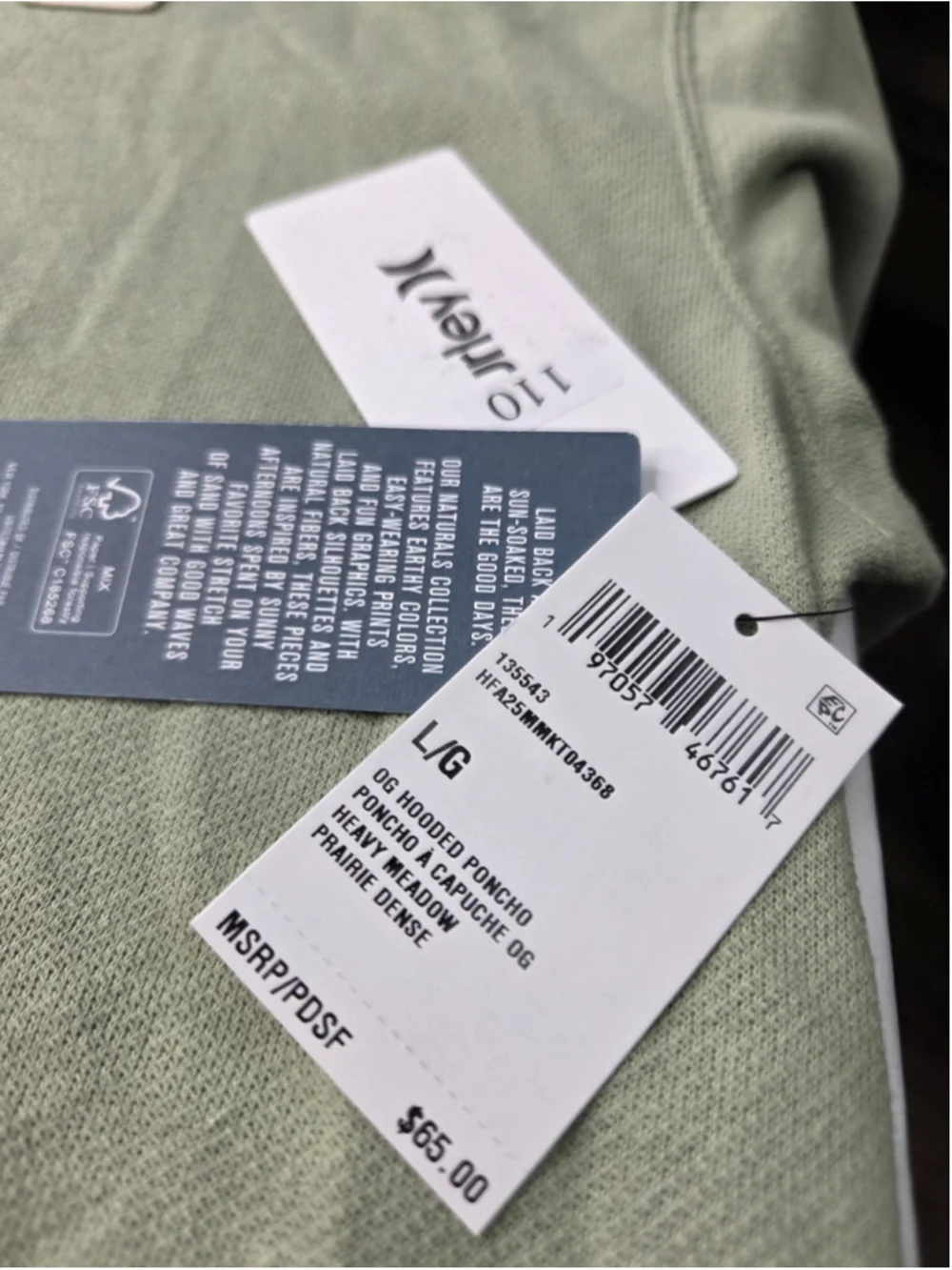 Hurley Naturals OG Hooded Poncho Men’s Large Heavy Meadow Green NWT New #1791